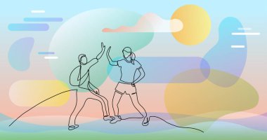 yüksek beş veren iki neşeli genç kampçılar sürekli çizgi çizim