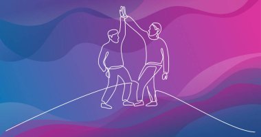 dağın tepesinde yüksek beş veren iki gezginler sürekli çizgi çizim