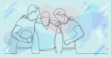 genç erkek sporcuların takım birlikte top tutarak ayakta - tek satır çizim