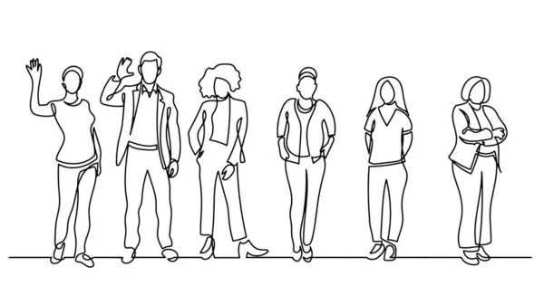 立っている人々 の多様なグループの連続的な線の描画 — ストックベクタ