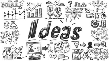 İş sözcükleri ve cümleler kavram simgeleri ve sembolleri ile tipografi karalama grafiği