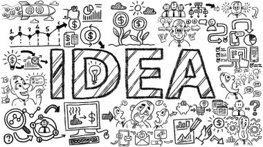 İş sözcükleri ve cümleler kavram simgeleri ve sembolleri ile tipografi karalama grafiği