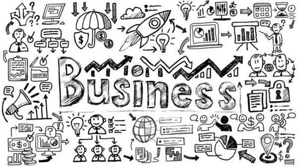 Business words and phrases typography doodle graphic with concept icons and symbols