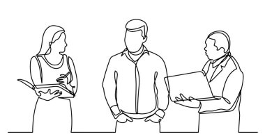 İş adamlarının sürekli iş çizimlerinin vektör çizimi iş görevleri hakkında konuşuyor