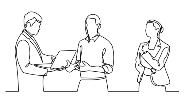 Векторная Иллюстрация Непрерывного Линейного Рисунка Бизнесменов Стоящих Говорящих Рабочих Задачах — стоковый вектор