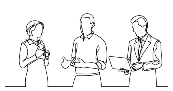 Векторная Иллюстрация Непрерывного Линейного Рисунка Бизнесменов Стоящих Говорящих Рабочих Задачах — стоковый вектор