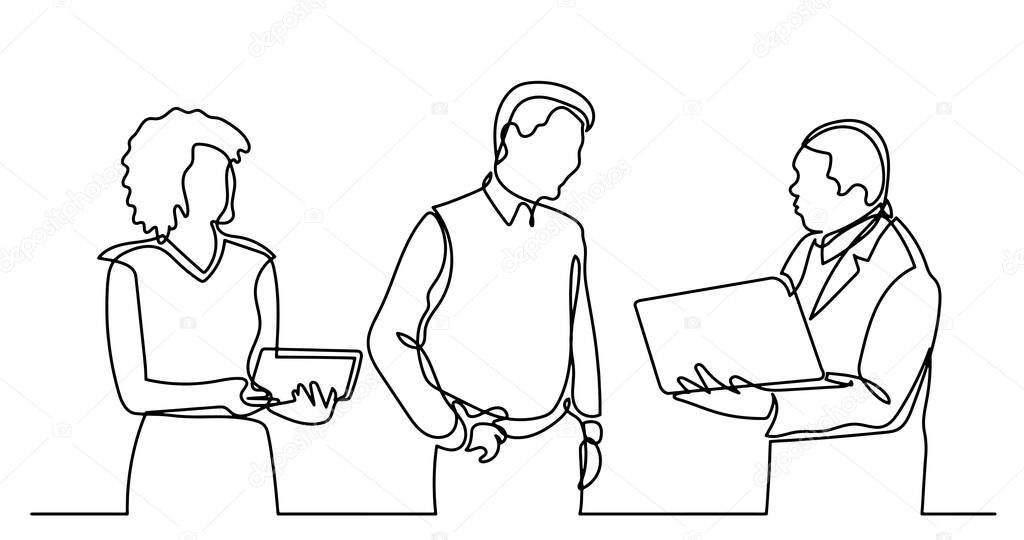 vector illustration of continuous line drawing of business people standing talking about work tasks