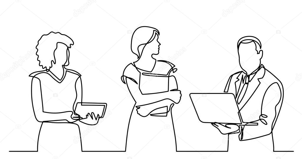 vector illustration of continuous line drawing of business people standing talking about work tasks