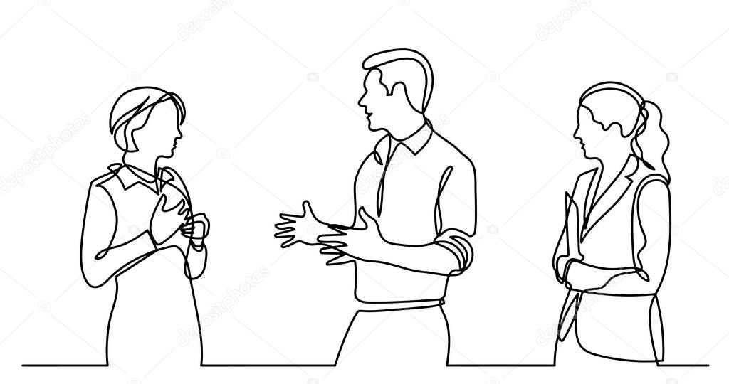 vector illustration of continuous line drawing of business people standing talking about work tasks