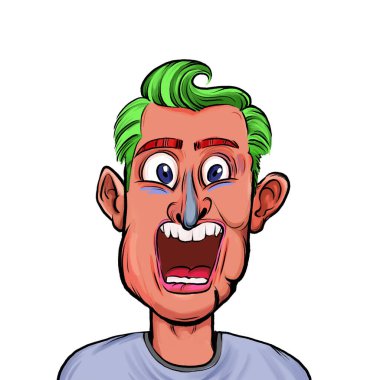 Beyaz arka plan, kafa ve omuz kompozisyonu üzerine izole edilmiş komik yüzlü hayali çizgi film karakterinin karikatür çizimi.