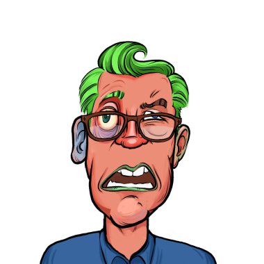 Beyaz arka plan, kafa ve omuz kompozisyonu üzerine izole edilmiş komik yüzlü hayali çizgi film karakterinin karikatür çizimi.