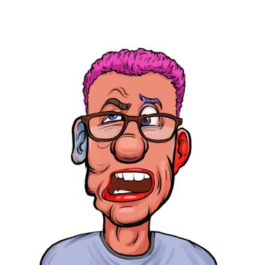 Beyaz arka plan, kafa ve omuz kompozisyonu üzerine izole edilmiş komik yüzlü hayali çizgi film karakterinin karikatür çizimi.