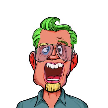 Beyaz arka plan, kafa ve omuz kompozisyonu üzerine izole edilmiş komik yüzlü hayali çizgi film karakterinin karikatür çizimi.