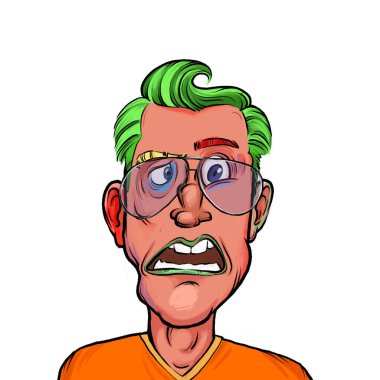 Beyaz arka plan, kafa ve omuz kompozisyonu üzerine izole edilmiş komik yüzlü hayali çizgi film karakterinin karikatür çizimi.