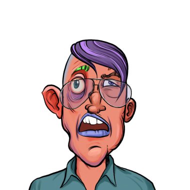 Beyaz arka plan, kafa ve omuz kompozisyonu üzerine izole edilmiş komik yüzlü hayali çizgi film karakterinin karikatür çizimi.