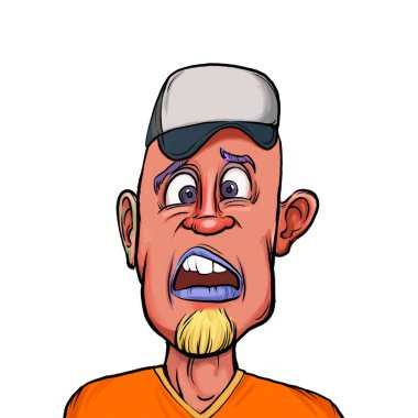 Beyaz arka plan, kafa ve omuz kompozisyonu üzerine izole edilmiş komik yüzlü hayali çizgi film karakterinin karikatür çizimi.