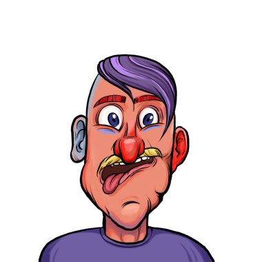 Beyaz arka plan, kafa ve omuz kompozisyonu üzerine izole edilmiş komik yüzlü hayali çizgi film karakterinin karikatür çizimi.