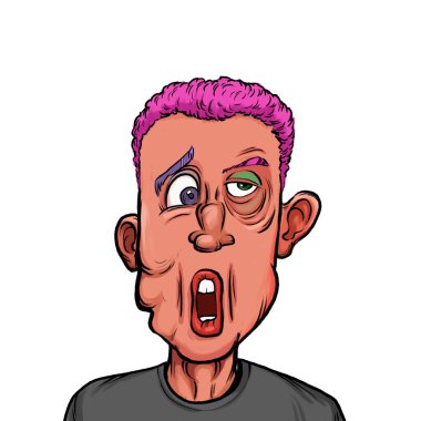 Beyaz arka plan, kafa ve omuz kompozisyonu üzerine izole edilmiş komik yüzlü hayali çizgi film karakterinin karikatür çizimi.