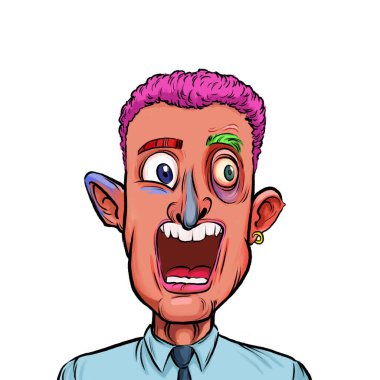 Beyaz arka plan, kafa ve omuz kompozisyonu üzerine izole edilmiş komik yüzlü hayali çizgi film karakterinin karikatür çizimi.