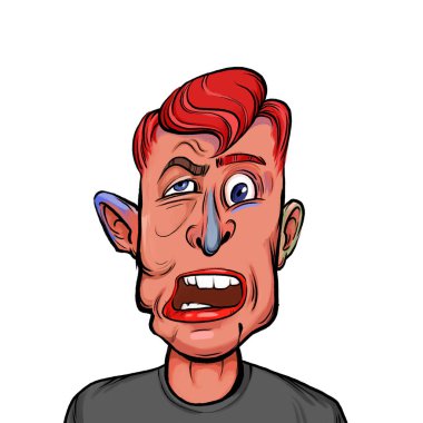 Beyaz arka plan, kafa ve omuz kompozisyonu üzerine izole edilmiş komik yüzlü hayali çizgi film karakterinin karikatür çizimi.