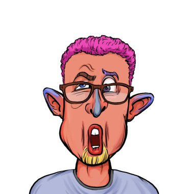 Beyaz arka plan, kafa ve omuz kompozisyonu üzerine izole edilmiş komik yüzlü hayali çizgi film karakterinin karikatür çizimi.