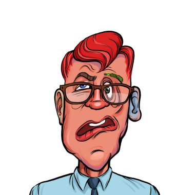 Beyaz arka plan, kafa ve omuz kompozisyonu üzerine izole edilmiş komik yüzlü hayali çizgi film karakterinin karikatür çizimi.