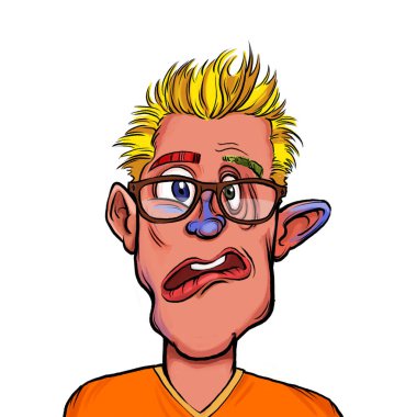 Beyaz arka plan, kafa ve omuz kompozisyonu üzerine izole edilmiş komik yüzlü hayali çizgi film karakterinin karikatür çizimi.