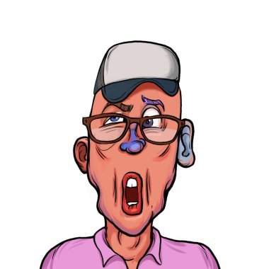 Beyaz arka plan, kafa ve omuz kompozisyonu üzerine izole edilmiş komik yüzlü hayali çizgi film karakterinin karikatür çizimi.