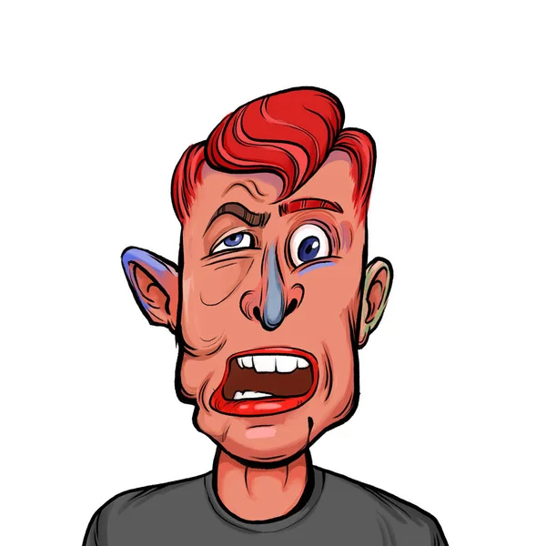 Beyaz arka plan, kafa ve omuz kompozisyonu üzerine izole edilmiş komik yüzlü hayali çizgi film karakterinin karikatür çizimi.