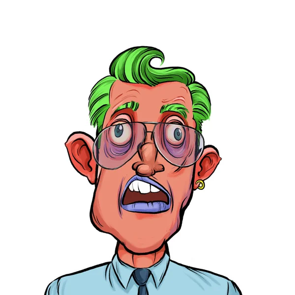 Beyaz arka plan, kafa ve omuz kompozisyonu üzerine izole edilmiş komik yüzlü hayali çizgi film karakterinin karikatür çizimi.