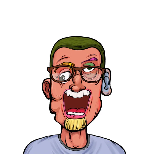 Beyaz arka plan, kafa ve omuz kompozisyonu üzerine izole edilmiş komik yüzlü hayali çizgi film karakterinin karikatür çizimi.