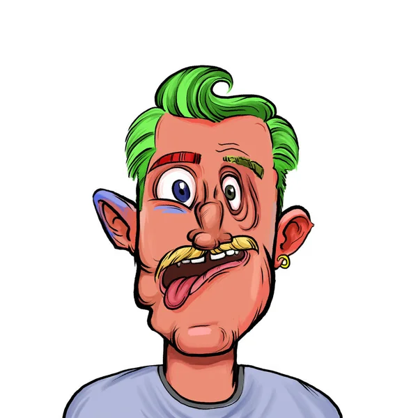 Beyaz arka plan, kafa ve omuz kompozisyonu üzerine izole edilmiş komik yüzlü hayali çizgi film karakterinin karikatür çizimi.