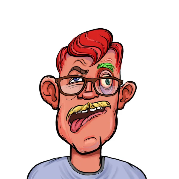 Beyaz arka plan, kafa ve omuz kompozisyonu üzerine izole edilmiş komik yüzlü hayali çizgi film karakterinin karikatür çizimi.