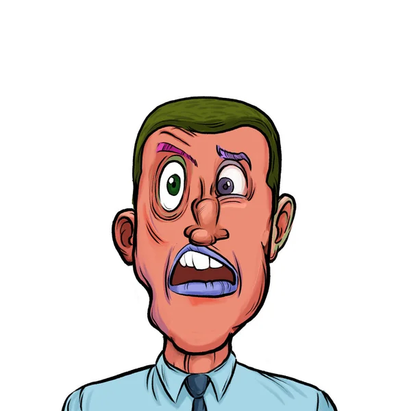 白い背景の頭と肩の組成に隔離された面白い顔を持つ架空の漫画の人の戯画的なユーモラスな手書きのイラスト — ストック写真