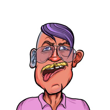 Beyaz arka planda izole edilmiş komik yüz ifadesi olan hayali çizgi film karakterinin karikatür mizahı.