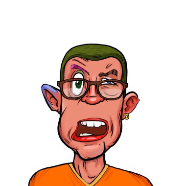 Beyaz arka planda izole edilmiş komik yüz ifadesi olan hayali çizgi film karakterinin karikatür mizahı.