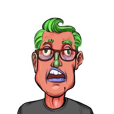 Beyaz arka planda izole edilmiş komik yüz ifadesi olan hayali çizgi film karakterinin karikatür mizahı.