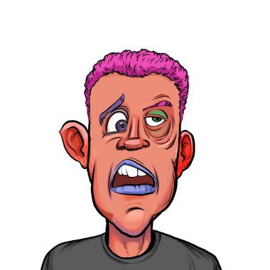 Beyaz arka planda izole edilmiş komik yüz ifadesi olan hayali çizgi film karakterinin karikatür mizahı.