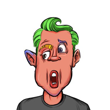 Beyaz arka planda izole edilmiş komik yüz ifadesi olan hayali çizgi film karakterinin karikatür mizahı.