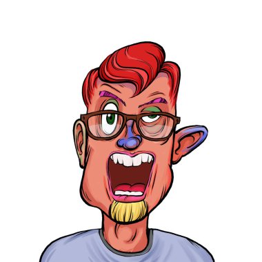 Beyaz arka planda izole edilmiş komik yüz ifadesi olan hayali çizgi film karakterinin karikatür mizahı.