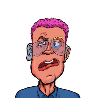 Beyaz arka planda izole edilmiş komik yüz ifadesi olan hayali çizgi film karakterinin karikatür mizahı.