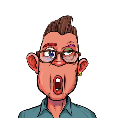 Beyaz arka planda izole edilmiş komik yüz ifadesi olan hayali çizgi film karakterinin karikatür mizahı.