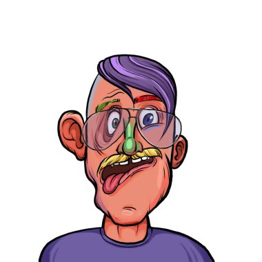 Beyaz arka planda izole edilmiş komik yüz ifadesi olan hayali çizgi film karakterinin karikatür mizahı.