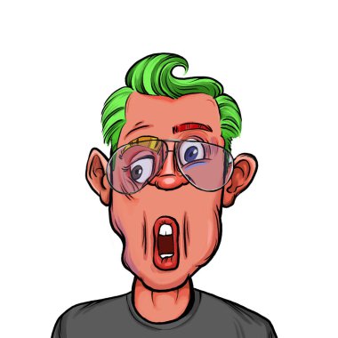 Beyaz arka planda izole edilmiş komik yüz ifadesi olan hayali çizgi film karakterinin karikatür mizahı.