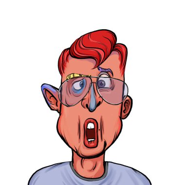 Beyaz arka planda izole edilmiş komik yüz ifadesi olan hayali çizgi film karakterinin karikatür mizahı.