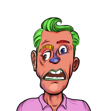 Beyaz arka planda izole edilmiş komik yüz ifadesi olan hayali çizgi film karakterinin karikatür mizahı.