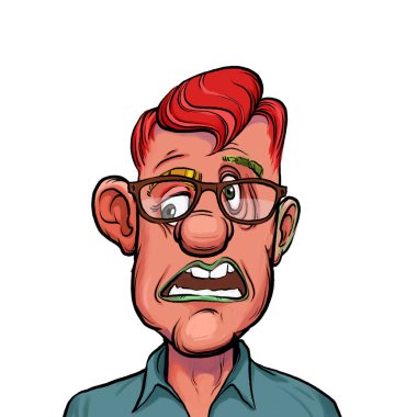 Beyaz arka planda izole edilmiş komik yüz ifadesi olan hayali çizgi film karakterinin karikatür mizahı.
