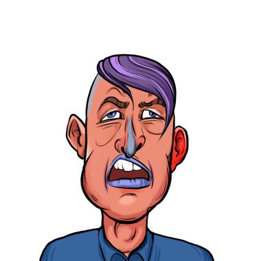 Beyaz arka planda izole edilmiş komik yüz ifadesi olan hayali çizgi film karakterinin karikatür mizahı.