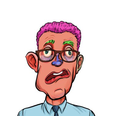 Beyaz arka planda izole edilmiş komik yüz ifadesi olan hayali çizgi film karakterinin karikatür mizahı.