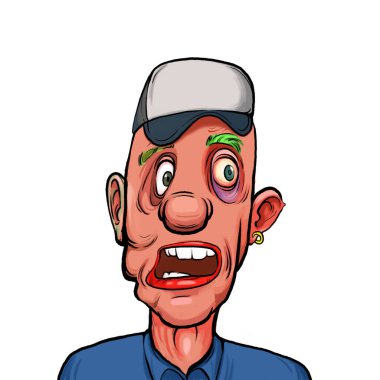 Beyaz arka planda izole edilmiş komik yüz ifadesi olan hayali çizgi film karakterinin karikatür mizahı.